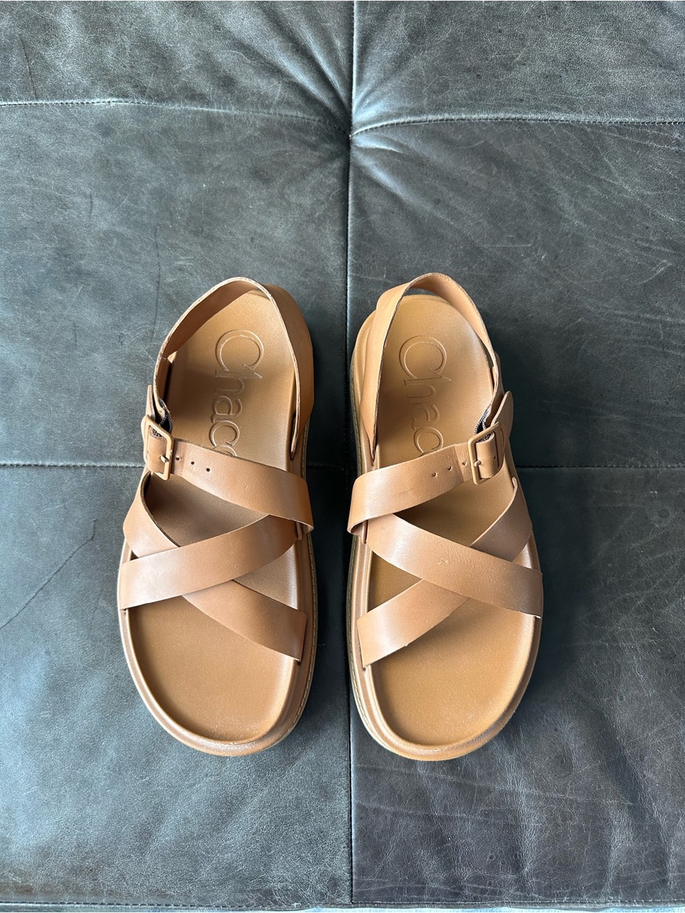 Chaco Tan Leather Crisscross Slide Sandals